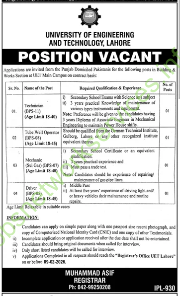 University of Engineering and Technology UET Jobs 2026 Latest