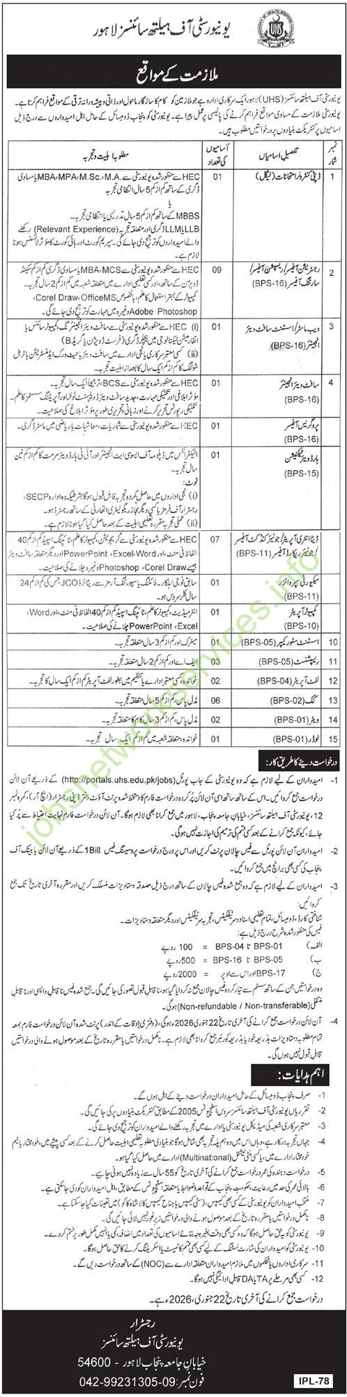 University of Health Sciences UHS Lahore Jobs 2026 Latest