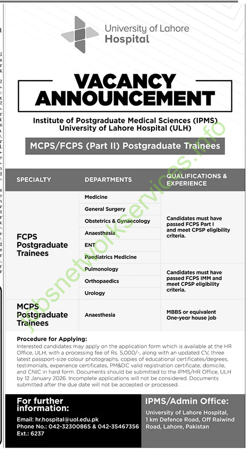 University of Lahore Hospital Jobs 2026 Latest