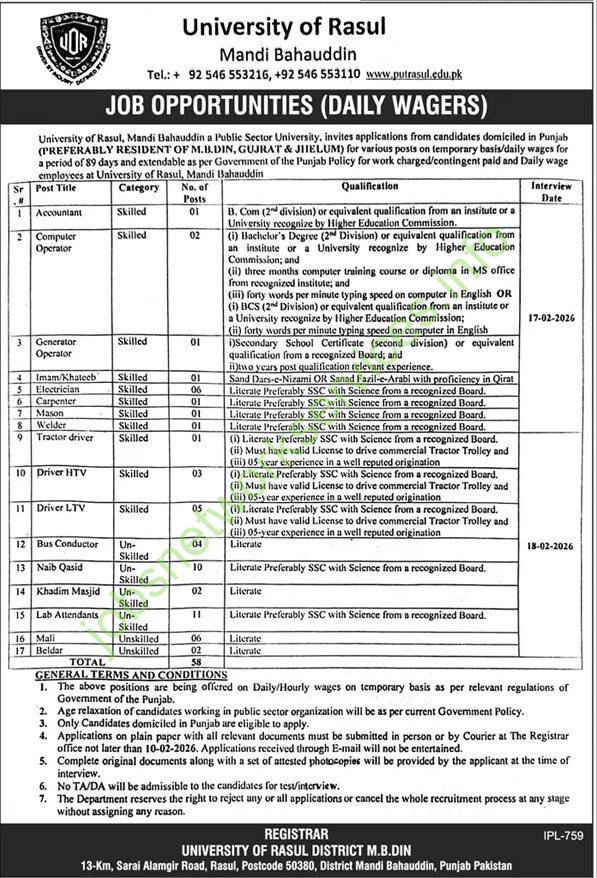 University of Rasul Mandi Bahauddin Jobs 2026 Latest