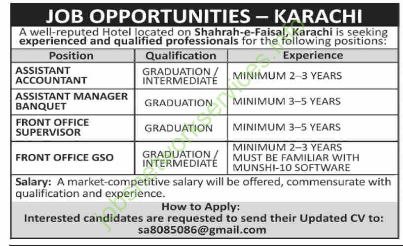 Well Reputed Hotel Shahrah-e-Faisal Karachi Jobs 2026 Latest