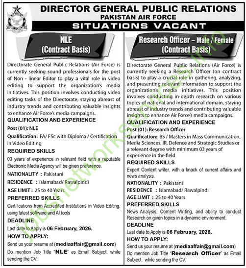 Director General Public Relations Pakistan Air Force Jobs 2026 Apply Online