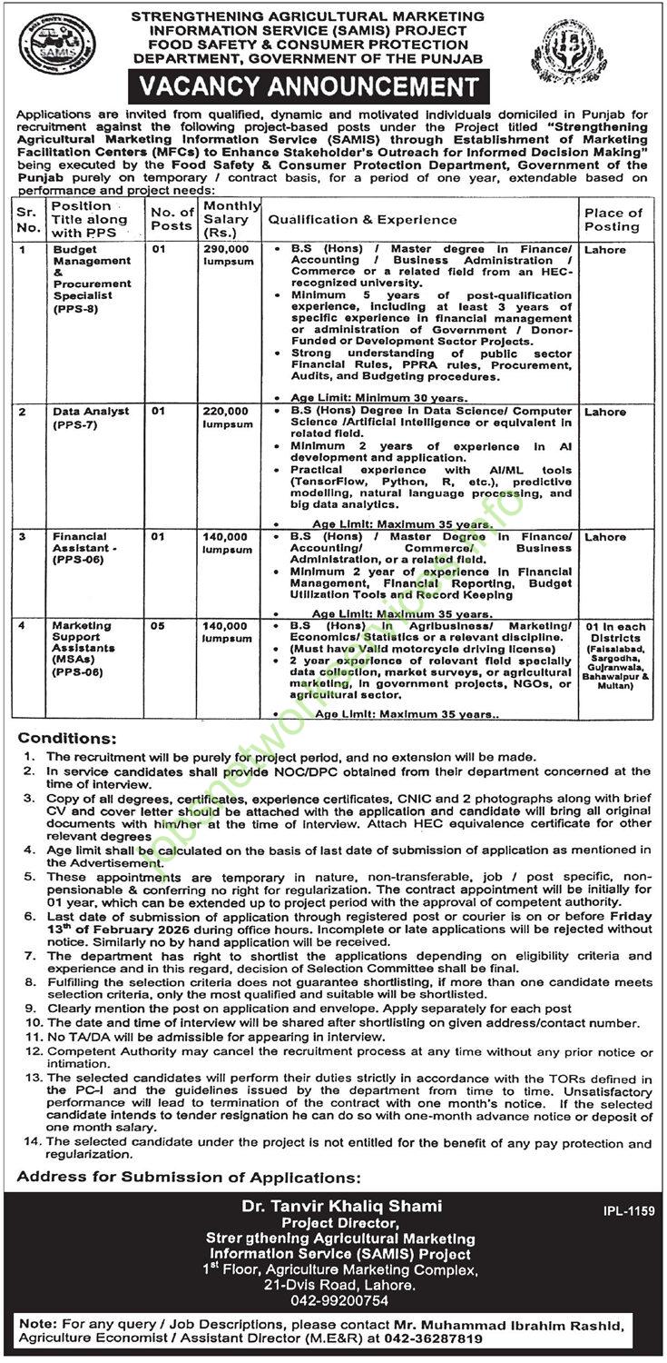 Food Safety & Consumer Protection Department Punjab Jobs 2026 Latest
