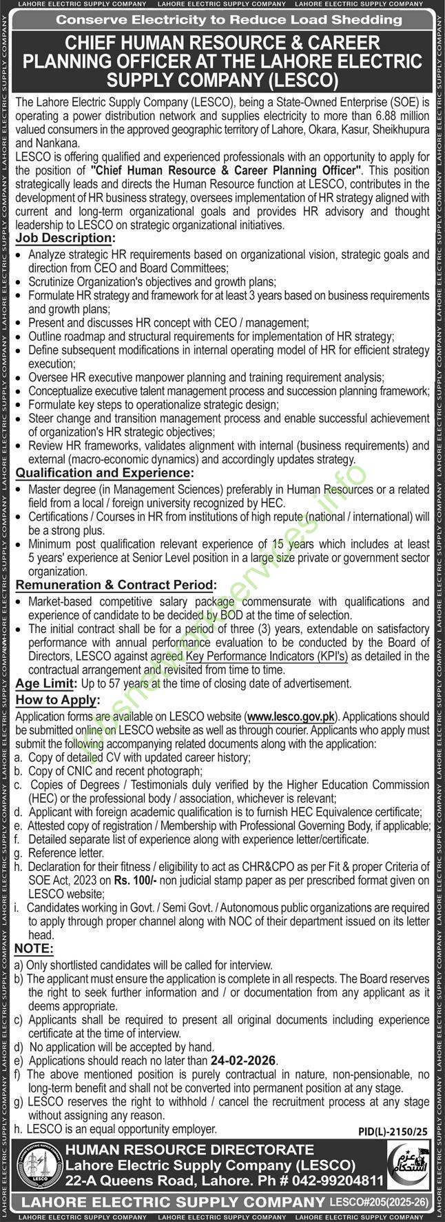 Lahore Electric Supply Company LESCO Jobs 2026 Apply Online
