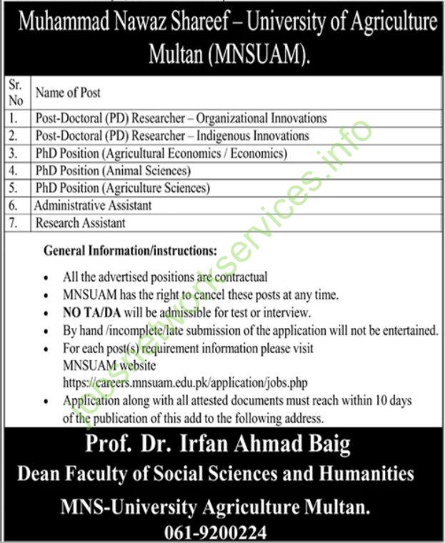 Muhammad Nawaz Shareef University of Agriculture Multan MNSUAM Jobs 2026 Latest