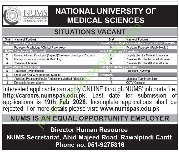 National University of Medical Sciences NUMS Jobs 2026 Latest