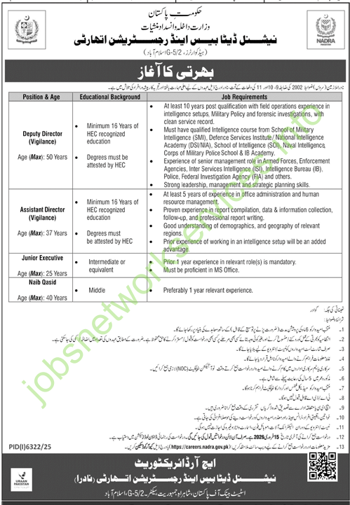 New Nadra Jobs 2026 for Deputy Director, Assistant Director, Junior Executive & Others Latest