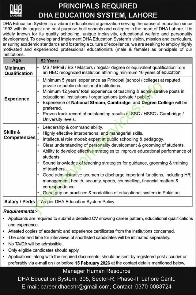 Principal Required DHA Education System Lahore Jobs 2026 Latest