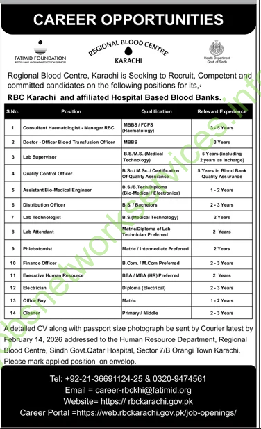Regional Blood Centre Karachi Jobs 2026 Latest