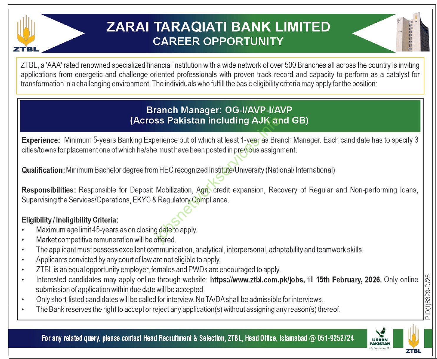 Zarai Taraqiati Bank Limited ZTBL Jobs 2026 Apply Online